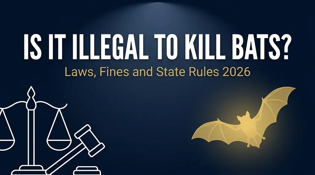 Banner showing bat protection laws with headline is it illegal to kill bats on navy background with gold accents