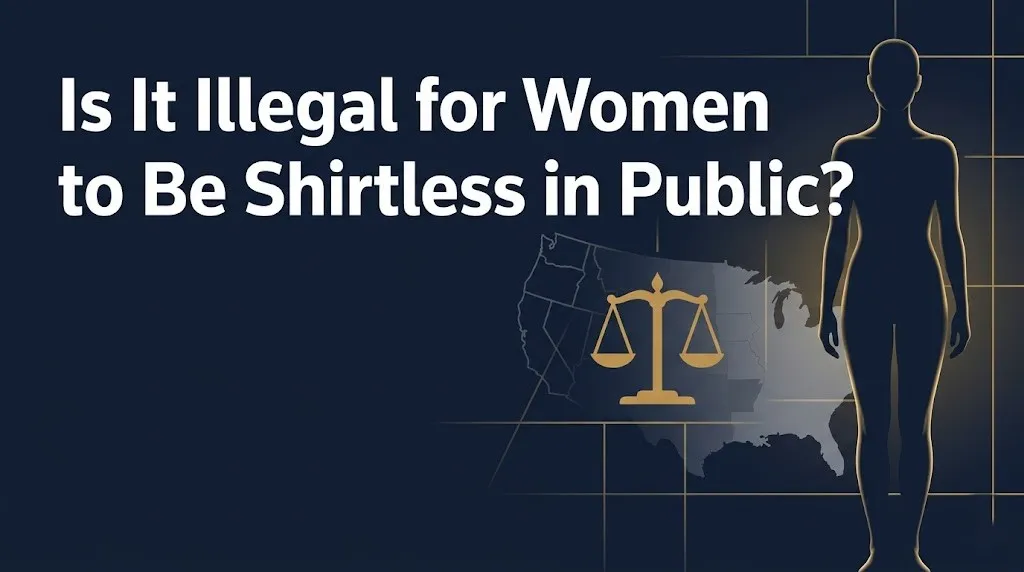 Blog banner asking Is It Legal for Women to Be Shirtless in Public with legal scales and US map design.