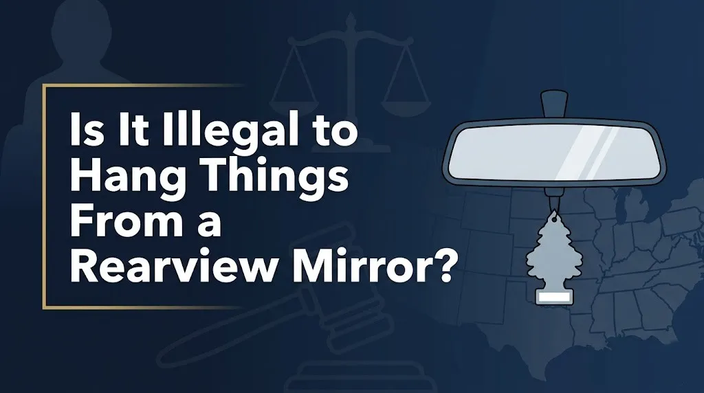 Blog banner with text is it illegal to hang things from rearview mirror, a car mirror silhouette, and legal symbols on dark navy.
