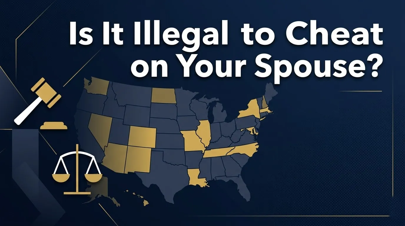 Illustration showing Is It Illegal to Cheat on Your Spouse with US map and legal gavel symbols on navy background