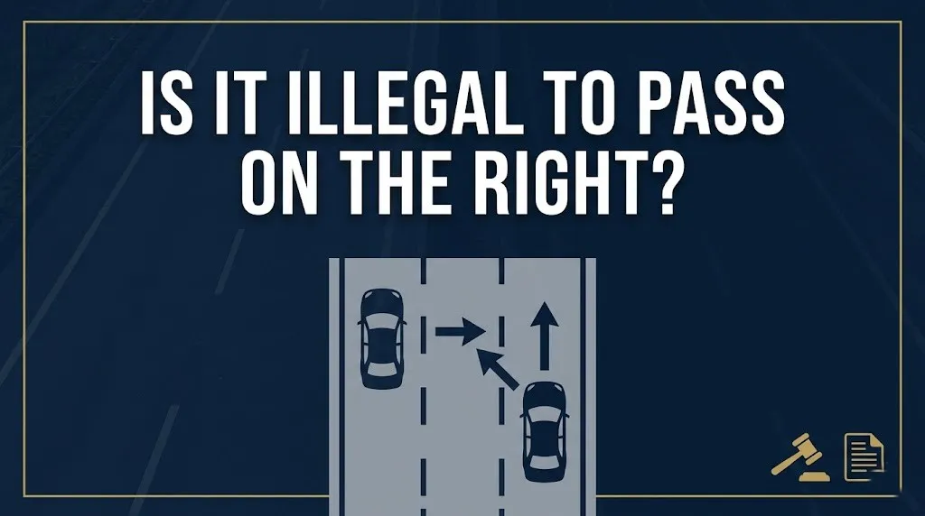 Infographic asking is it illegal to pass on the right with highway silhouette and legal symbols on navy background