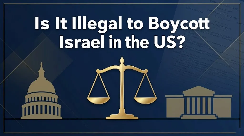 Is it illegal to boycott Israel in the US scales of justice and US Capitol silhouette on navy background