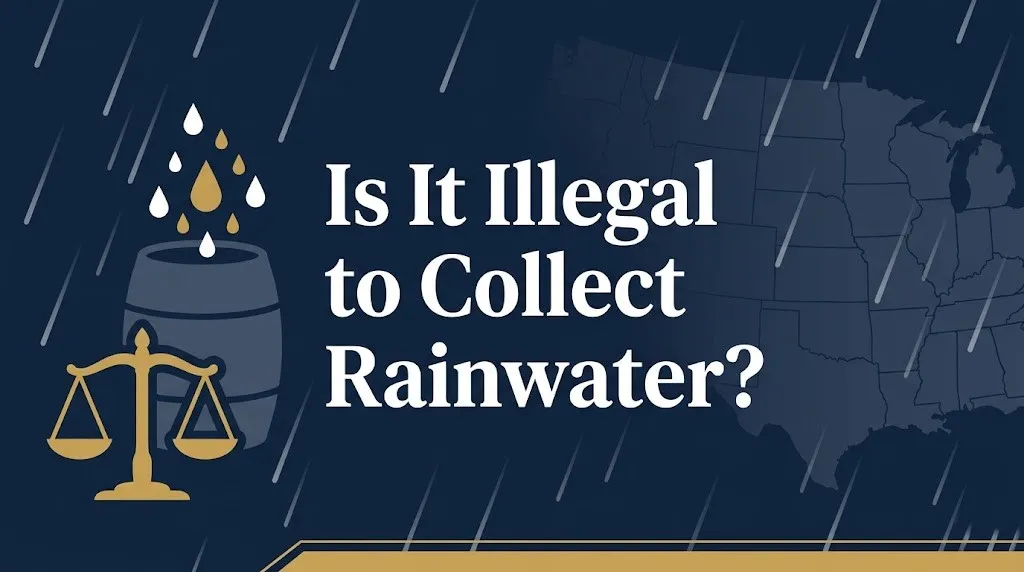 Is it illegal to collect rainwater infographic banner with legal scales and rain barrel
