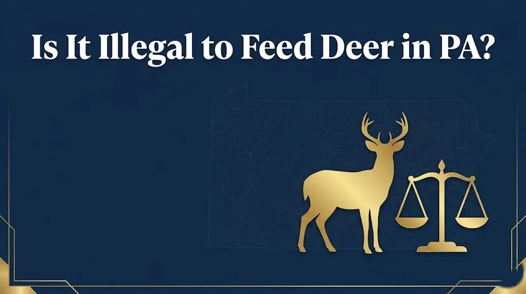 Is it illegal to feed deer in PA editorial banner with deer silhouette and scale of justice on navy background