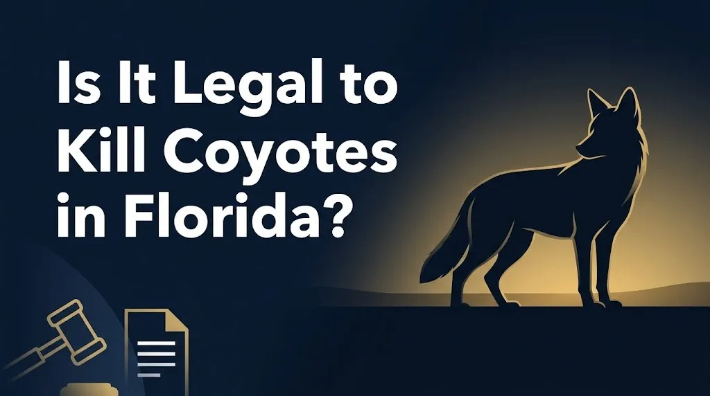 Is it legal to kill coyotes in Florida, illustrated with coyote silhouette and legal symbols on a navy background.