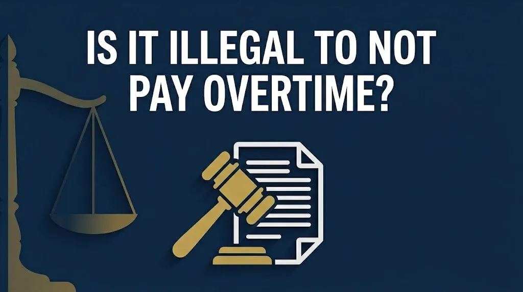 Legal banner showing is it illegal to not pay overtime headline with gavel and scales of justice icons on navy background.