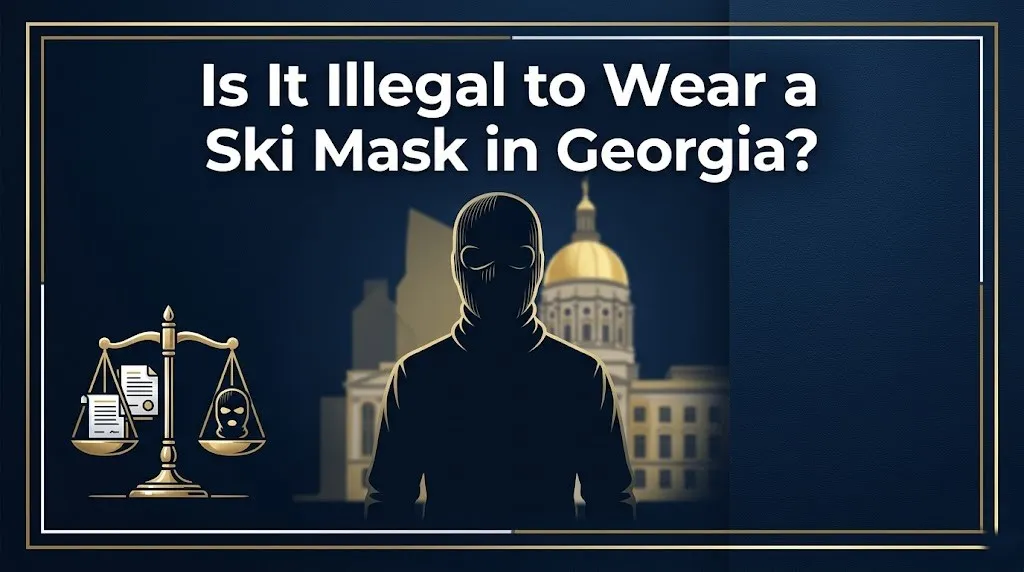 Legal blog banner asking is it illegal to wear a ski mask in Georgia with scales of justice and Georgia capitol silhouette