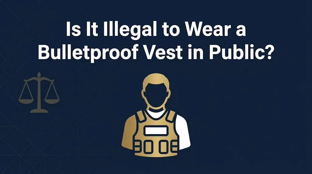Legal guide graphic with bold text asking is it illegal to wear a bulletproof vest in public, with body armor silhouette icon on navy background.